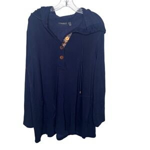 Susan Graver Weekend Navy Blue Hoodie Tunic Top Women's XL Button Detail Pockets